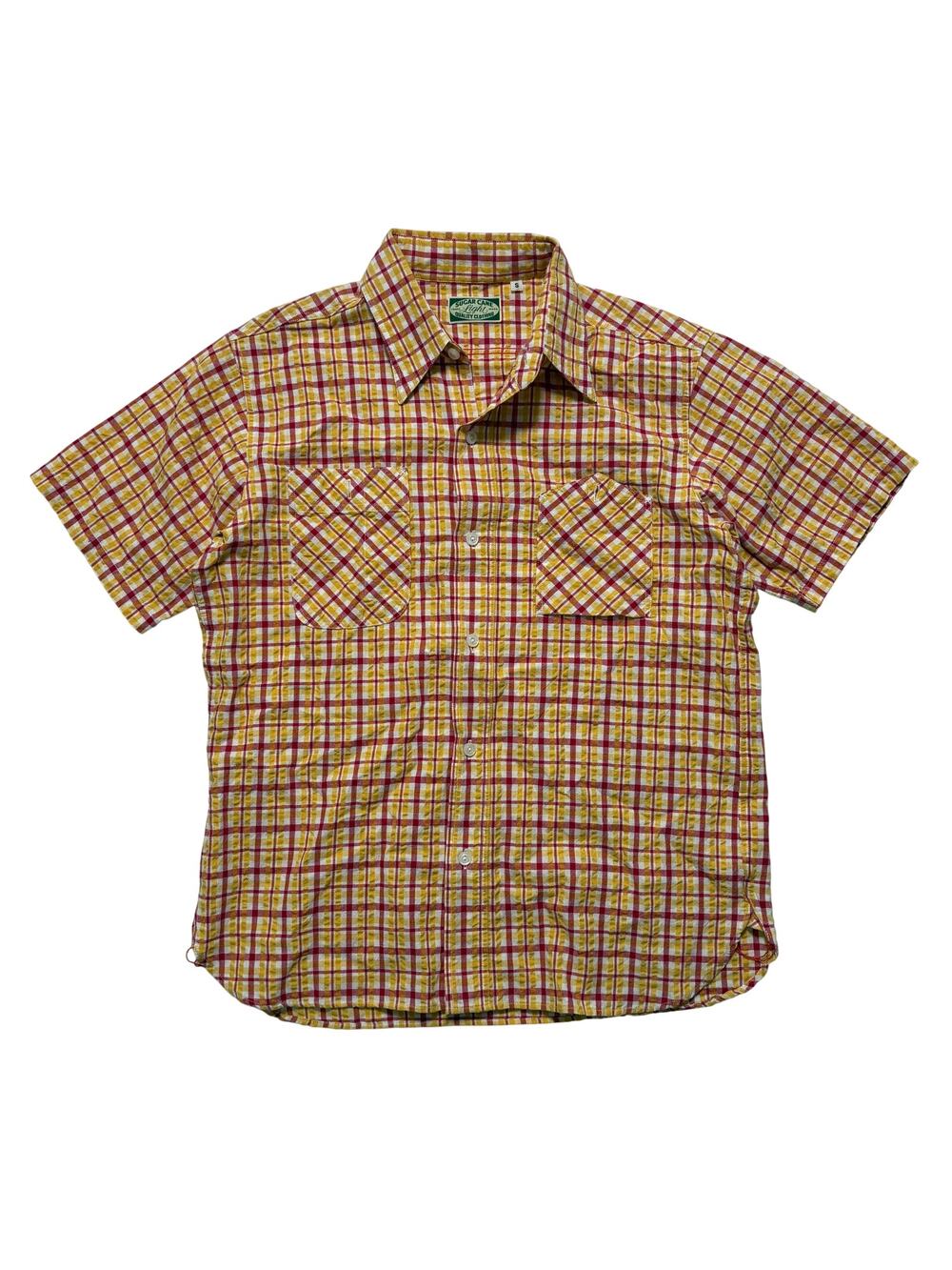 Sugar Cane Light Plaid Flannel Short Sleeve Button Up Shirt Men's S Yellow Red